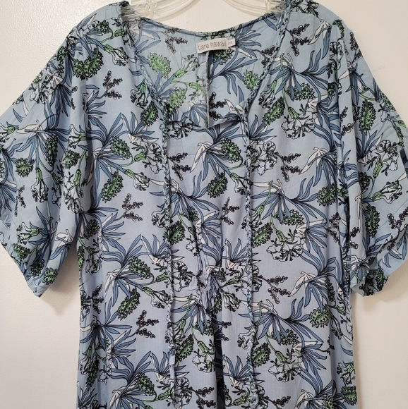 New Tiare Hawaii Blue Maxi Floral Print Short Sleeve Kaftan Maxi Dres Size OS - Picture 4 of 16